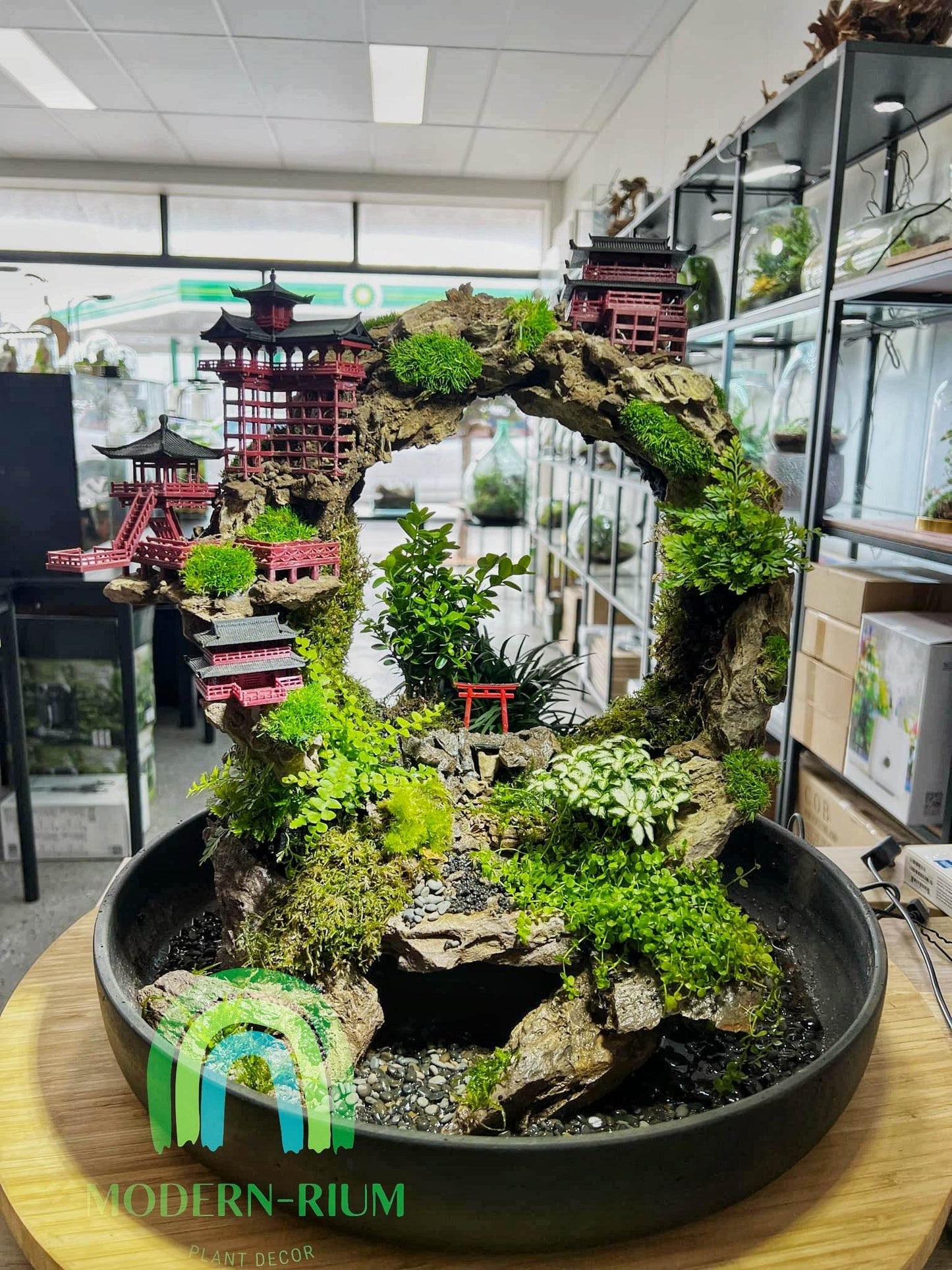 Temple Gate – Japanese Arch Terrarium with Mountain Loop & Water Base